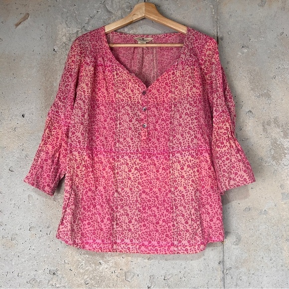 Woolrich pink coral micro ditzy floral 3/4 sleeve button front blouse medium - Picture 1 of 6